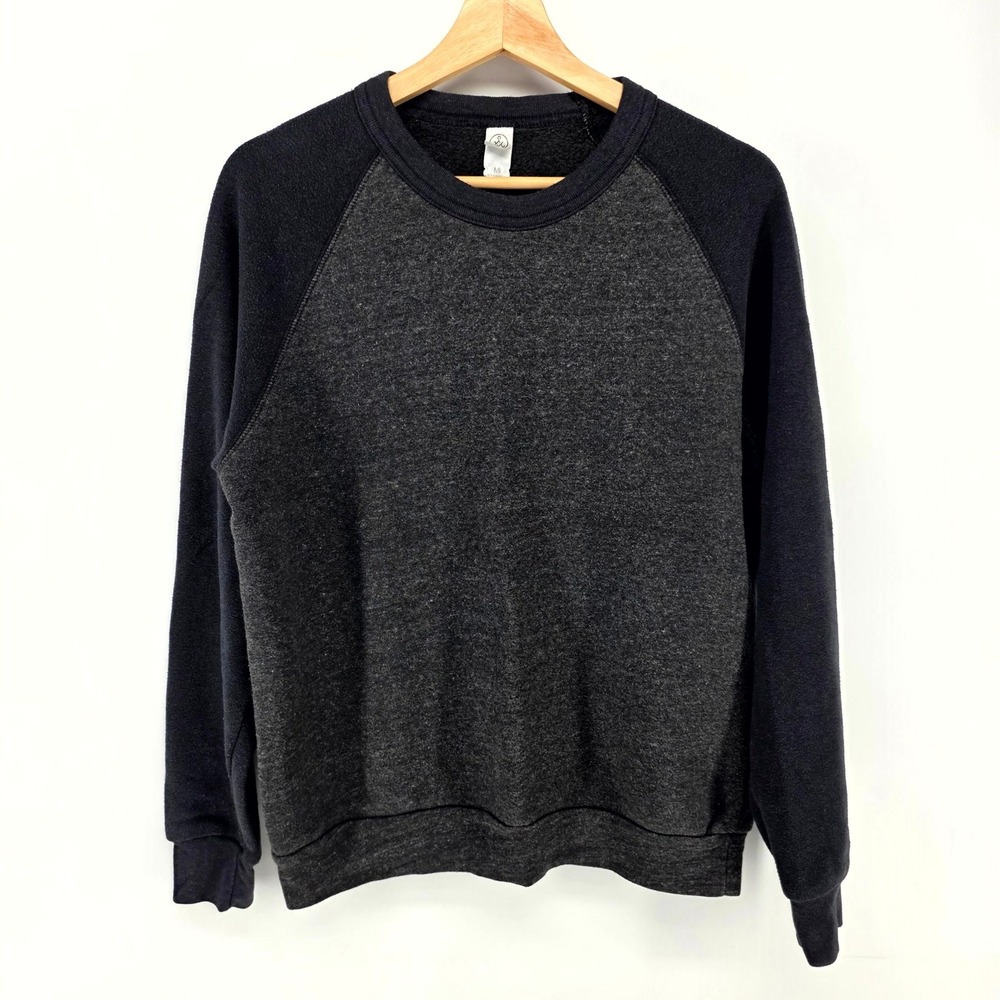 Alternative Sweatshirt Mens M Gray Black Raglan Sleeve Fleece Pullover Crewneck